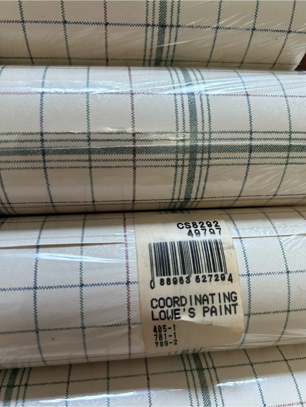 Vintage Plaid Roll Wallpaper - Cream and Sage Green Burgundy